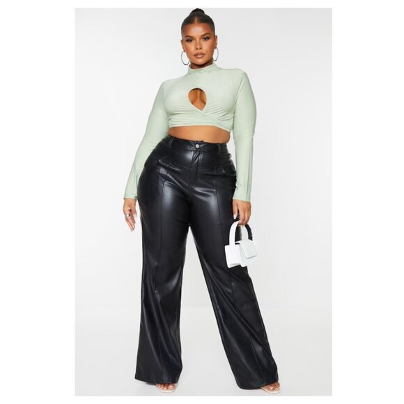 Women's Black Wide Leg Faux Leather Pants - Picture 2 of 10